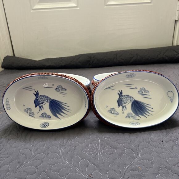 Vintage Rare 6pc Ceramic Fish Seashell Oval Bowl in Wicker Basket Hand Painted - Picture 4 of 8